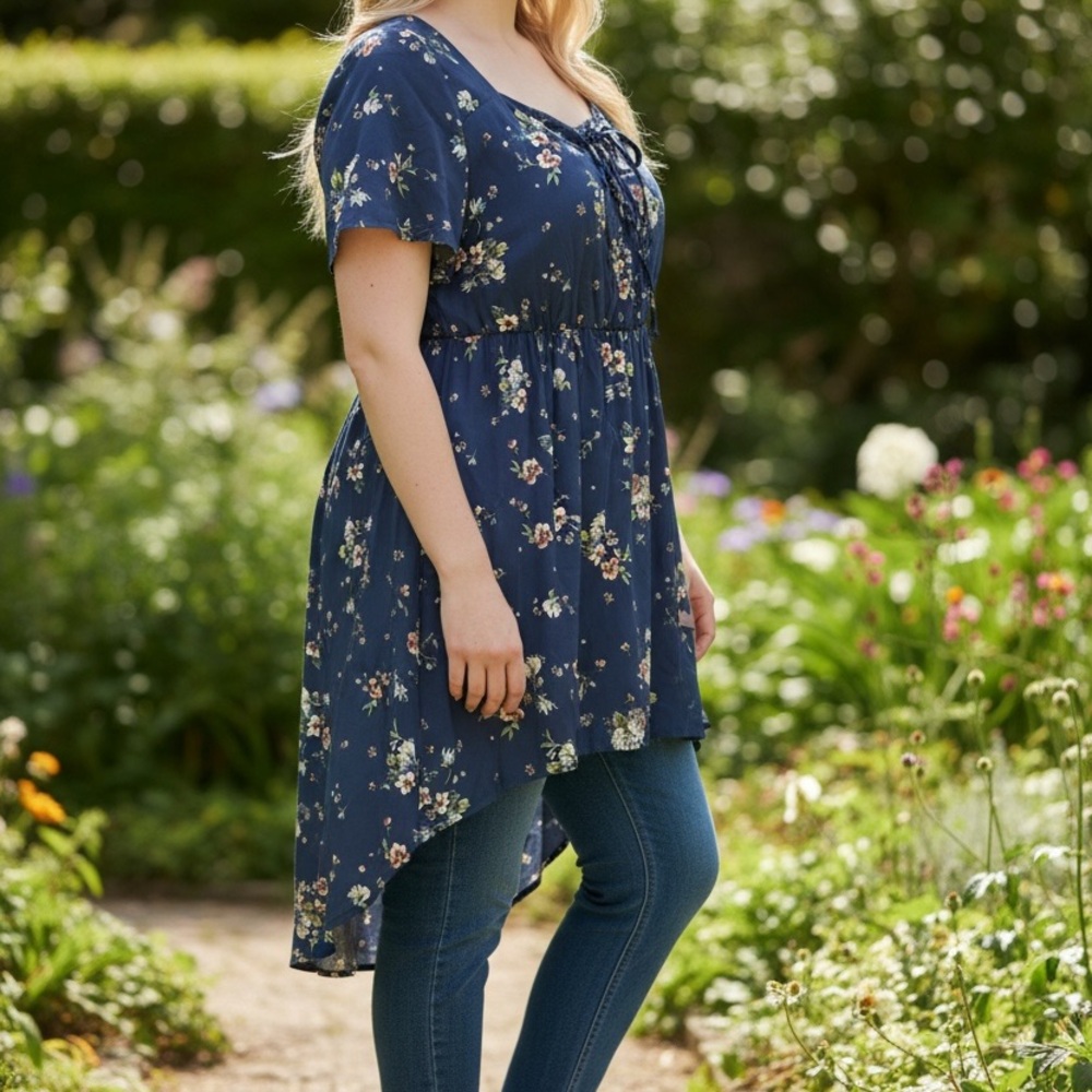 NWT Torrid Size 2 Navy Floral High-Low Tunic Top Tie Neck